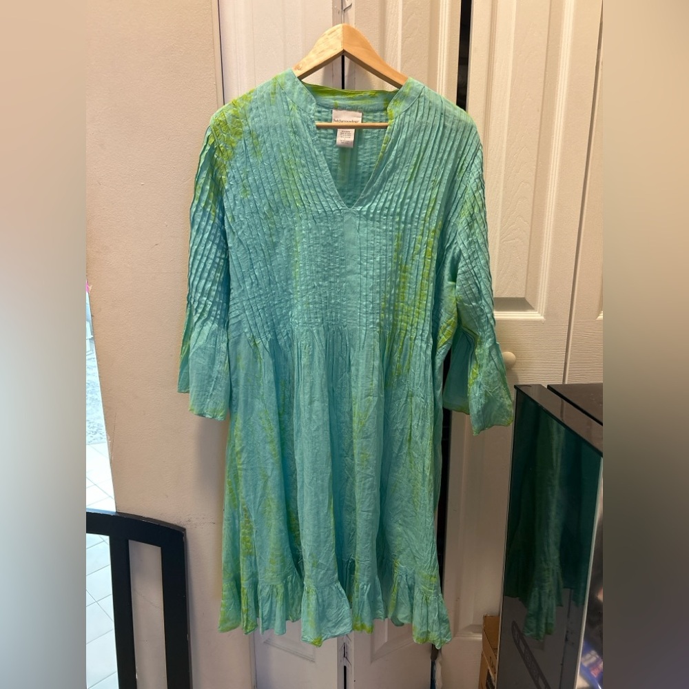 Soft Surroundings lightweight pintuck tunic dress in aqua and lime tie-dye.